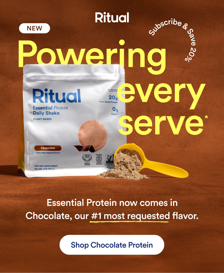 Ritual. Powering every serve. Essential Protein now comes in Chocolate, our number one most requested flavor. Shop Chocolate Protein.